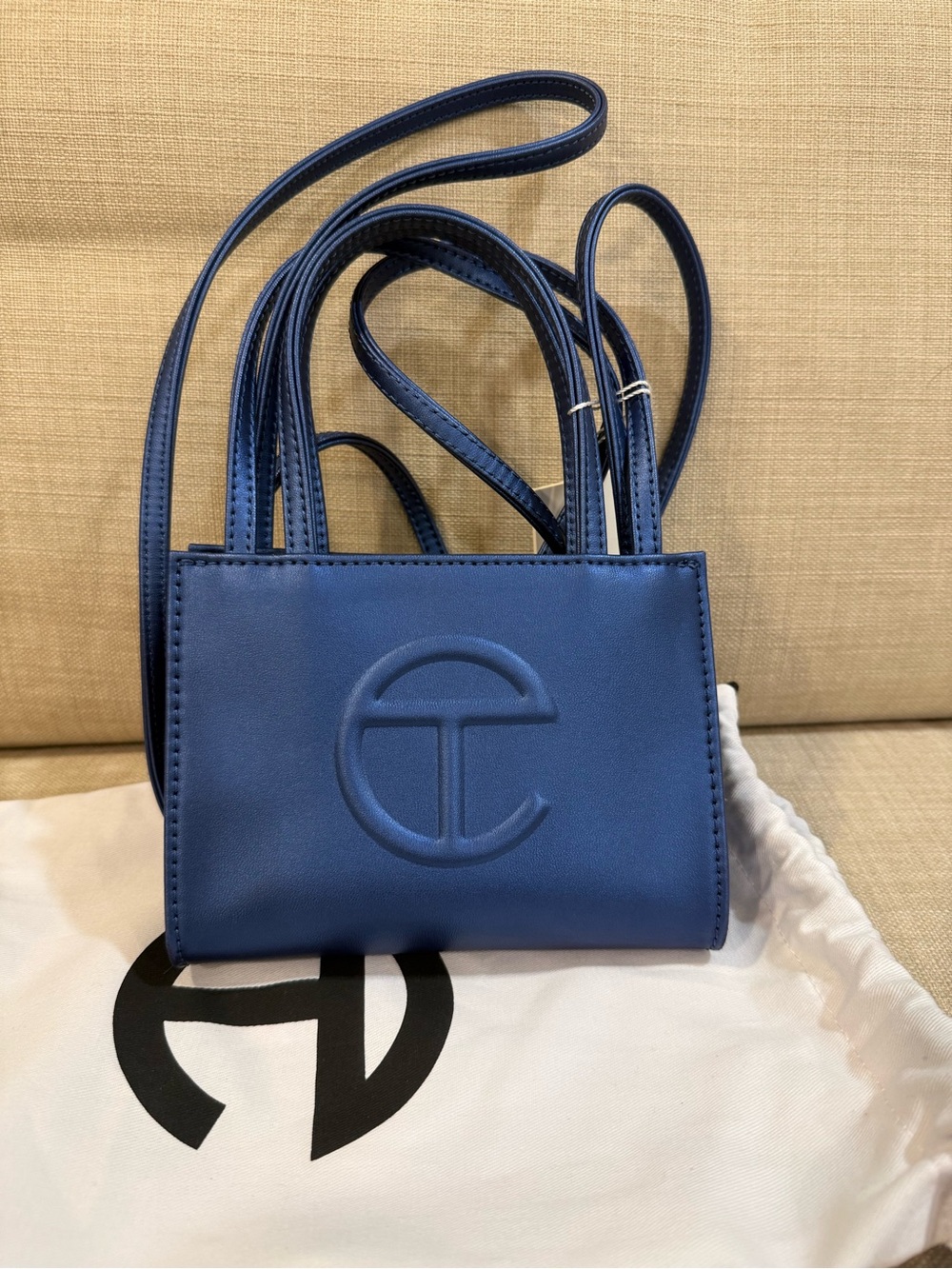 Telfar Navy Blue Mini Shopping Bag with Embossed Logo